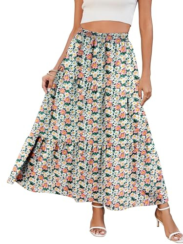Timuspo kjol dam lång med fickor maxi kjol hög elastisk midja sommar A-linje enfärgad flytande sommarkjol ledig elegant blommor veckad kjol strandkjol veckad kjol