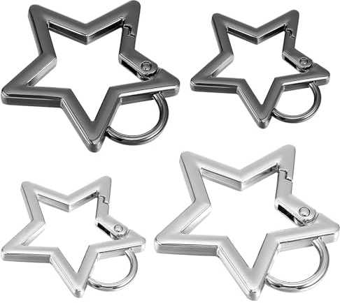 Mabor 4Pcs Star Carabiner Zinc Alloy Heavy Duty Star Keychain Clip Silver Black Star Shaped Carabiner Cool Star Carabiner Clip Key Ring for Camping Hiking Fishing 2 Sizes