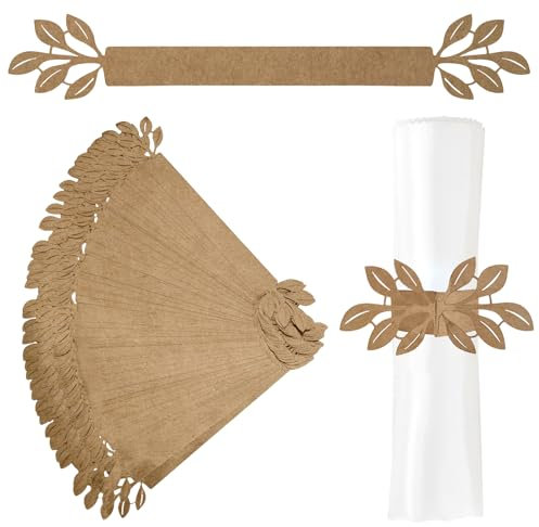 URROMA Anelli per tovaglioli, 50 pezzi, a forma di foglia, in carta kraft, con chiusura decorativa per tovaglioli, per matrimoni, fascia porta tovaglioli di carta con fibbia per asciugamani