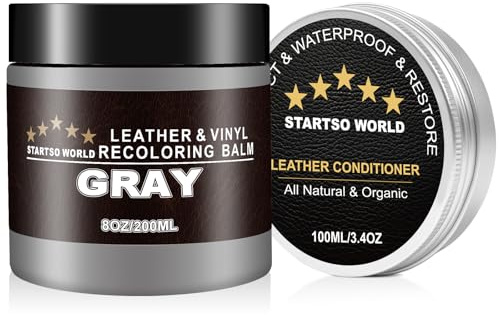 STARTSO WORLD Leder Reparatur Set Grau mit Lederfett, 200ml Flüssigleder, Lederfarbe, Leder-Schramm-Entferner, Leder- & Vinyl-Reparaturset für Möbel, Couchen, Sofas, Autositze, Schuhe