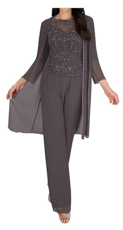 Women's Plus Size Wedding Pant Suits for Mother of The Groom Bride Evening Formal 3 Piece Set Party Outfit Grey