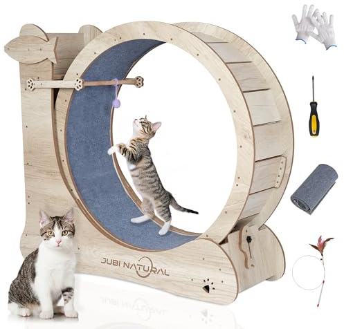 Cat Exercise Wheel for Indoor Cats, 35.9 Compact Cat Running Wheel with Scratching Board, Teaser Toy & Storage Shelf, Quiet Carpet Track, Safety Lock & Anti-Pinch Design, Space-Saving Cat Treadmill