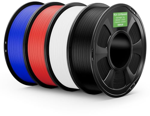 DEEPLEE Filamento PLA+ 2.0 1.75 mm, Alta Tenacità e Finitura Liscia, Pack 4 kg: Nero + Bianco + Rosso + Blu (4×1 kg), Precisione ±0.02 mm per Stampanti 3D FDM