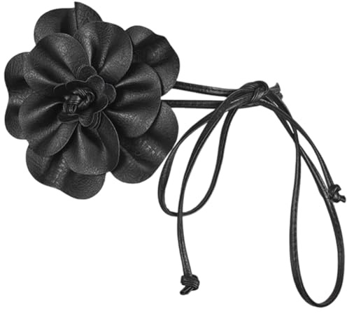CALFOVERA Cintura Sottile In Pelle PU Da 0.3 pollice Nera con Fiori Boho In Corda di Pelle con Nappa Elegante e Sottile con Decorazioni Floreali Grandi per Donna Camicie Da Abito Matrimonio