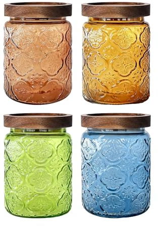 Glass Jar with Wooden Lid - 700 ML Christmas Set Airtight Storage Canisters for Kitchen Pantry Bathroom, Decorative Retro Containers for Candy, Biscuit, Cookie, Sweet, Tea, Coffee, Sugar, Begonia