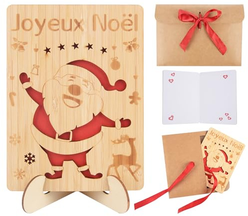 AWCIGG Cartes Joyeux Noël Cartes de Noël en Bois Carte Noel Originales en Français Carte Message Noel Le Père Avec Un Socle Cadeau de noël Pour Famille Amis Collègues