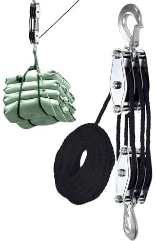 Rope Pulley Hoist, 2200 Lbs Breaking Strength Heavy Duty Pulley System, Block and Tackle with 6:1 Lifting Power for Hunting Lifting Heavy Objects Garage Warehouses