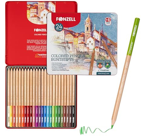 Fonzell Buntstifte 24 Farben – Radierbare Farbstifte in Metalldose – Leicht Radierbar & Bruchfest – Brillante, Ungiftige Farbstifte für Kinder, Schüler & Erwachsene