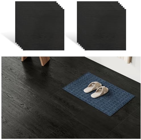 VEELIKE PVC-golvbeläggning träutseende, svart träkakel kakeldekaler träutseende, 12 stycken självhäftande golvplattor sovrum vardagsrum PVC-kakel garage vinylgolv 30 cm x 30 cm