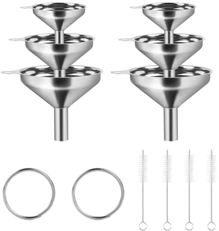 Set di 12 Imbuti in Acciaio Inox: 6 Imbuti in Metallo, 2 Anelli, 4 Spazzole per Pulizia, Imbuto Cucina, Imbuto acciaio inox per trasferire liquidi, spezie e marmellate