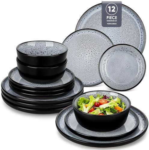 vancasso Bubble Grey 12 Piece Stoneware Dinner Set for 4, Reactive Glaze | 4 Dinner Plates, 4 Side Plates, 4 Cereal Bowls, 26cm, 21cm & 840ml, Microwave & Dishwasher Safe