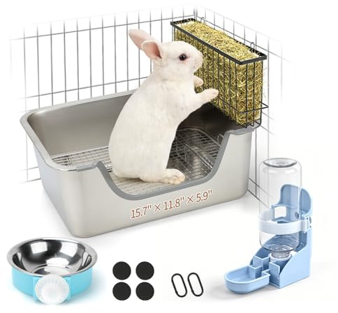 HYLYUN Rabbit Litter Box with Grid, Stainless Steel Tray with Hay Feeder