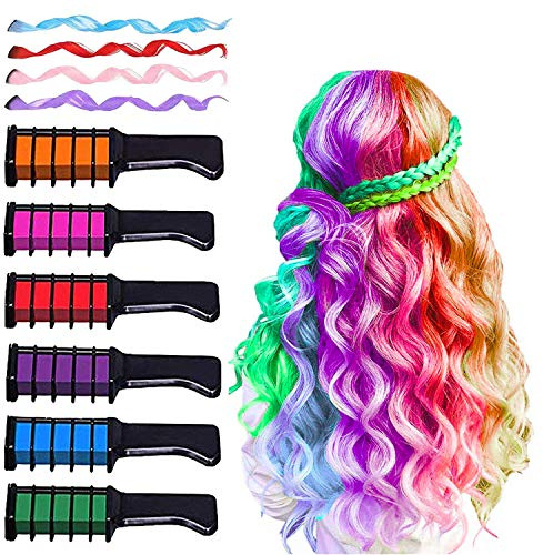 Hair Chalk Comb for Girls Kids, MSDADA Temporary Bright Hair Color Washable Dye for Girls Gifts Age 6 7 8-12+ for Birthday Children's Day Halloween Christmas Party with 4 Pcs Colored Hair Extensions