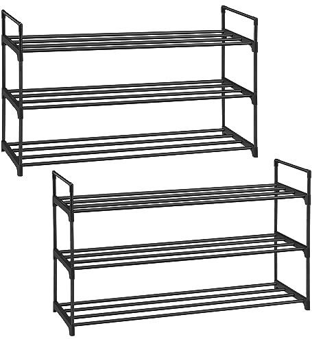 SONGMICS Zapatero de 3 Niveles, Juego de 2, Estantería de Zapatos, de Metal, para 12 a 15 Pares de Zapatos, Estante Apilable, para Pasillo, Salón, Dormitorio, 30 x 92 x 54 cm, Negro LSA06BK