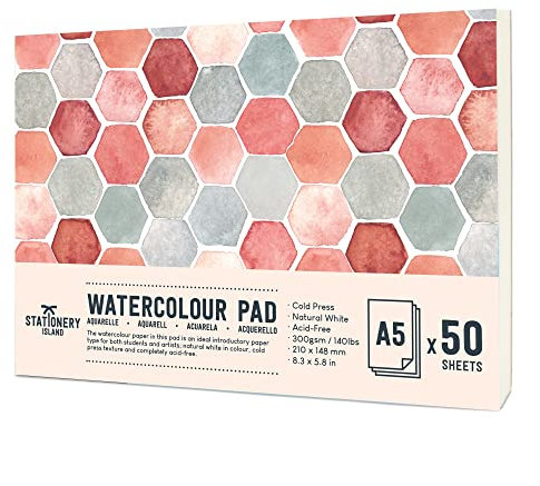 Stationery Island Aquarellpapier A5 300g, 50 Blatt Aquarellblock A5, Aquarell Papier für Wasserfarben, Aquarell Skizzenbuch, Watercolor Paper für Studenten,Anfänger, Skizzenbuch Aquarell