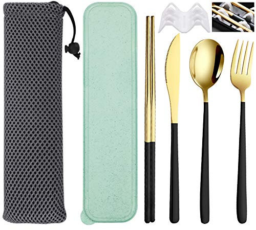 SITAKE Set 4 Pezzi di Acciaio Inossidabile Posate Set, Utensili da Viaggio Per Posate Campeggio con Custodia e Borsa, Set di Bacchette per Cucchiaio Forchetta Coltello per Ufficio, Scuola(Color-A)