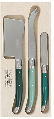 Andre Verdier Laguiole 3 Piece Cheese and Butter Knife Set in Wooden Display Tray - Forest Green