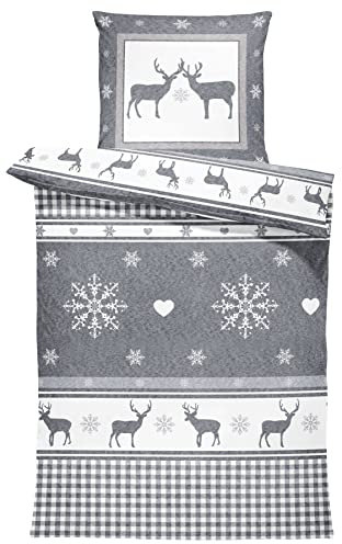 one-home 4 teilig Flausch Bettwäsche 135x200 cm Landhaus Hirsch grau Winter Thermofleece