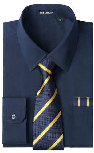 HISDERN Men's Navy Blue Shirts Long Sleeve Smart Formal Plain Dress Shirt and Tie Set Business Casual Wedding Regular Fit L