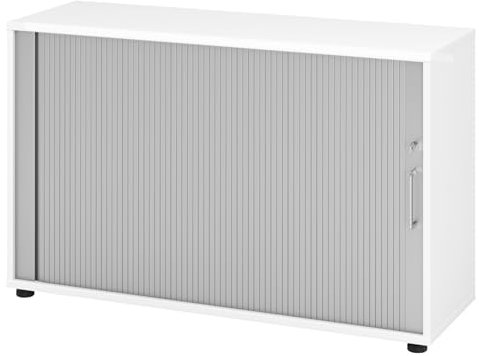 bümö Aktenschrank abschließbar mit Rollladen, Rollladenschrank für Ordner & Co. - Büroschrank mit Rollo, abschließbarer Ordnerschrank aus Holz in Weiß/Silber mit Bügelgriff