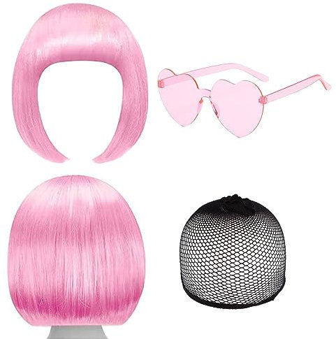 SKHAOVS Parrucca Caschetto Colorate Parrucca Set, Parrucche a Spalla di Bob Cosplay Parrucca, Bob Lungo Bob Altezza Spalle Spettacolo Teatrale Addio Al Nubilato Halloween festa a tema (Rosa)