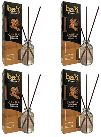 Pack de 4 Bali fragancias Ambientador Mikado CANELA Difusor con varillas de ratán para tu salón, comedor o cualquier estancia de tu hogar, fragancias seleccionadas, Aromaterapia, Perfumado (30 ml)