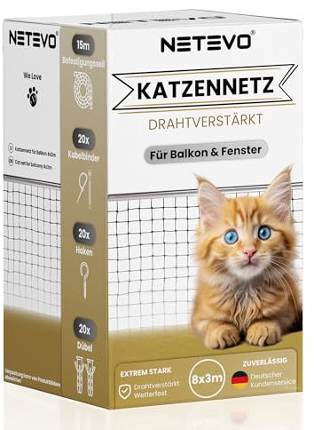 Netevo® Katzennetz für Balkon I Drahtverstärkt I Katzenschutznetz I inkl. Zubehör I 3 x 8m schwarz