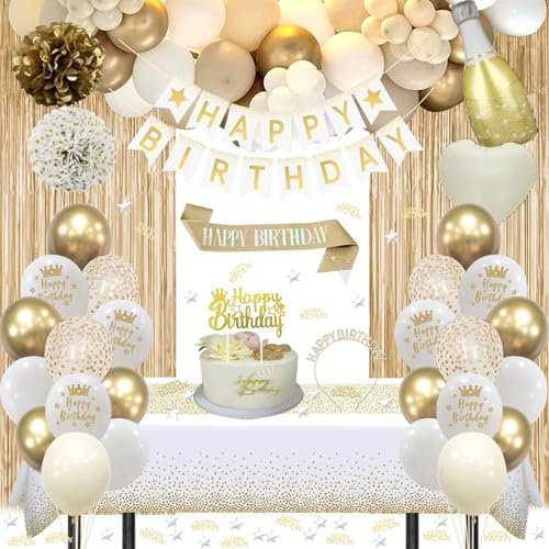 Geburtstagsdeko Gold, Beige Gold Weiß Party Deko Set mit Happy Birthday Banner, Konfetti Luftballons, Schärpe und Geburtstagskrone, Tischdecke, Vorhang, Pompons für Frauen Geburtstag Deko