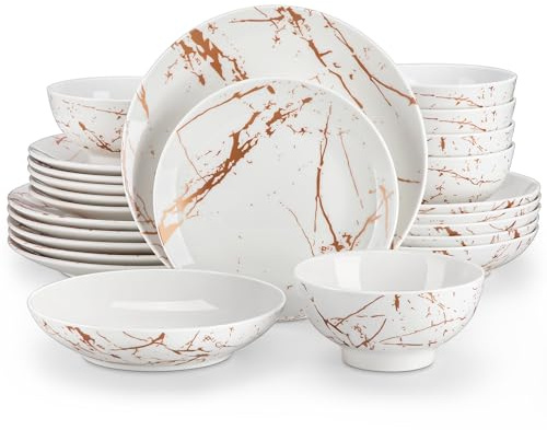 LOVECASA Plates and Bowls Set, Daphne Dinner Service for 6, 24 Piece Reactive Glaze Kitchen Dinnerware Sets, Elegant Stoneware Included Plates and Bowls,Dishwasher and Microwave Safe, White and Gold