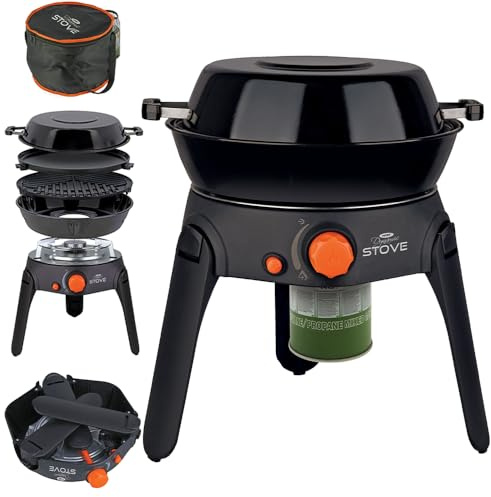 Cooking Stove Station Portable Outdoor with Enamelled Pot, BBQ Grid & Grill Plate – 2.2kW Power, Push-Button Piezo Ignition, Foldable Legs & Storage Bag – Ideal for Camping & Fishing NGT