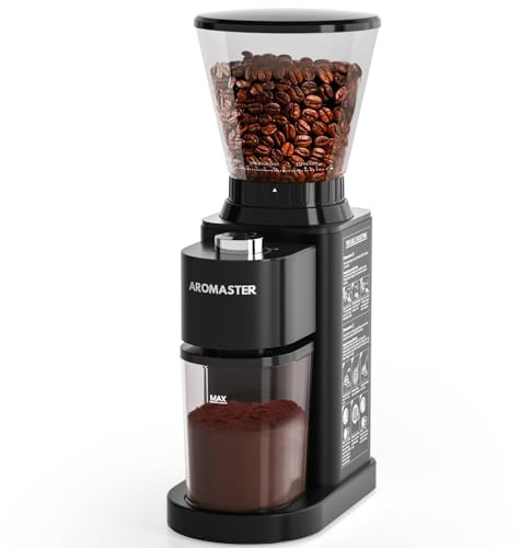 Aromaster Coffee Bean Grinder with 48 Gind Settings, Conical Burr Coffee Grinder for Home Use,Stainless Steel,40 Seconds Adjustable Timer,Anti-static,Easy to Clean with Brush,Black
