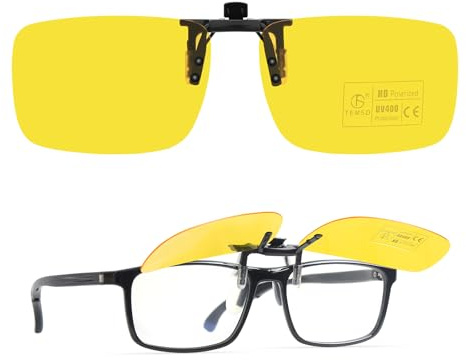 TEMSO Flip up Clip on Night Driving Glasses,Polarized Anti Glare Clip on Driving Glasses for Men Women,Reduce Dizzling Headlights, Brighten and Clear Vision|Yellow Lens|60 * 41mm