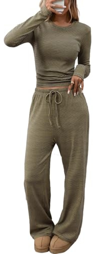 CHYRII Two Piece Sets for Women Going Out Outfits Cotton Shirt Lounge Palazzo Pants Tracksuit Set Coffee + Yellow XS
