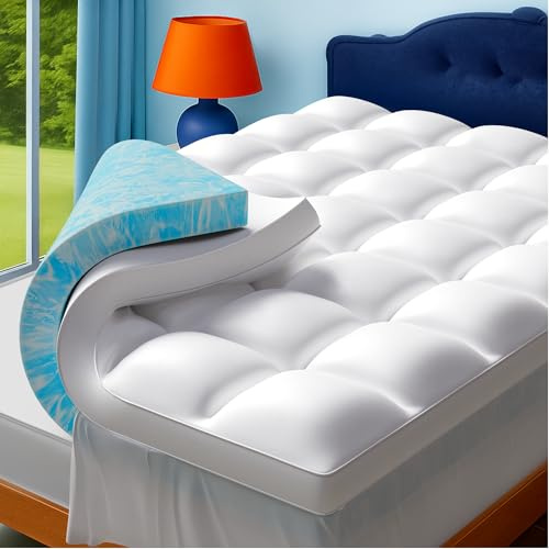 Airtree California King Dual Layer 4 Inch Memory Foam Mattress Topper, 2 Inch Cooling Gel Memory Foam and 2 Inch Down Alternative Pillow Top, 8-24 Inch Deep Pocket, Medium Support for Back Pain