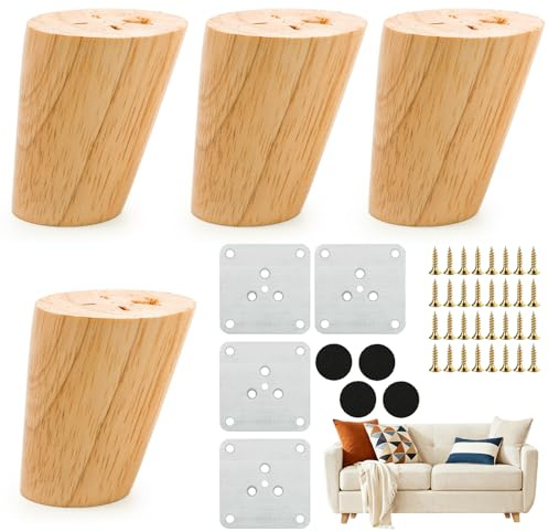 Aerzouser 4er Set Möbelbeine Holz aus Eiche, Stabile Möbelfüße Holz für Sofa, Bett und Schrank,Montageplatten & Schrauben (Schräg 6 cm)