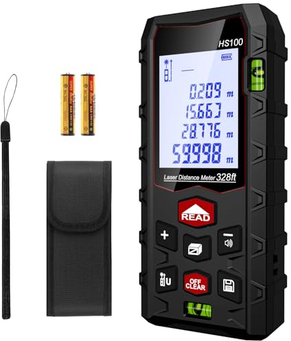 Charcity Télémètre Laser Numérique Professionnel, Mètre Laser, Portée 100m, Double Niveau d’Alignement, Étanche IP54, Surface, Volume, Grand Écran LCD Rétro-éclairé, Intérieur Extérieur