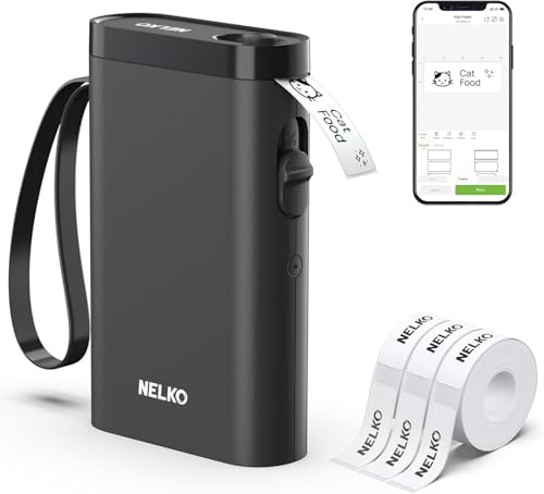 Nelko P21 bärbar Bluetooth-etikettmaskin, trådlös klistermärkeskrivare med flera mallar för organisering och förvaringsmärkning, med 3 rullar termisk tejp (14 x 40 mm), svart