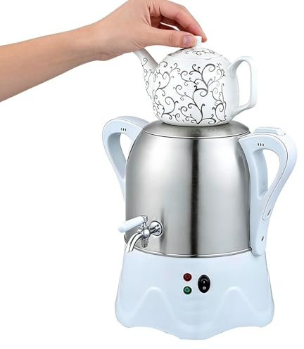 Elektrisk turkisk tebryggare, dubbelkanna med 3L tekanna i rostfritt stål och 1L tekanna i keramik, elektrisk samovar med varmhållningsfunktion, för kaffe, te, flingor, mjölkpulver(White)