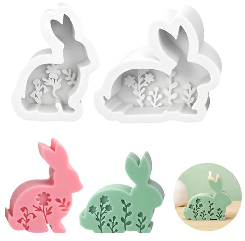 BosuLai 2 PCS Moldes de Fundición de Velas de Conejo Pascua Moldes, Moldes de Silicona para Pascua para Velas 3D Conejo Molde de Silicona para Hacer, Candelabro de té Jabones