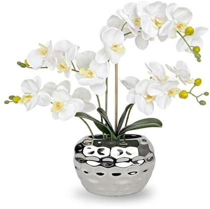 PlusFive Orchidea Finta Realistica Bianca 48 cm, Orchidee Finte, Orchidee Artificiali con vaso, Fiore di Orchidea Artificiale, Pianta Finta da Interno, Regalo Inaugurazione Casa, Soggiorno e Ufficio