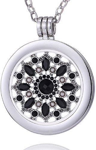 Morella Damen Halskette 70 cm Edelstahl mit Amulett und Coin 33 mm Blüte Zirkonia schwarz im Schmuckbeutel