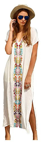 MERCIY Boho Damen Strandponcho Sommer Kleid Überwurf Kaftan Strandkleid Bikini Tunika Cover Up (Weiß)