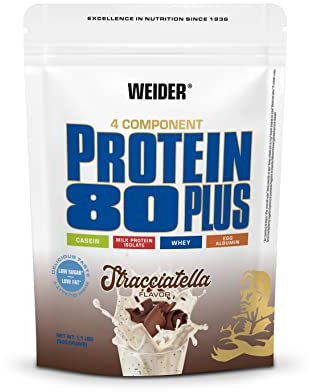 Weider - Protein 80 Plus - 4-Komponenten Protein Pulver - Hoher Proteingehalt mit 80% Eiweiß - Cremige Shakes mit Calcium & Vitamin B6 - 500g - Stracciatella