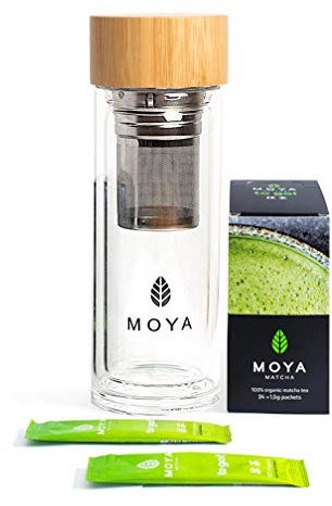 Organic Moya Matcha to Go! Set | 24 x 1.5g Matcha to Go Sticks + Glass Shaker 330ml | Set for The Preparation of hot&cold Matcha | Ideal for Work, While Traveling or at The Gym