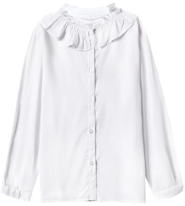 SOLOCOTE Blusa de Manga Larga de algodón para niñas con Cuello Peter Pan y Botones, Ideal para Uniformes Escolares de Primavera y Verano Blanco 13-14 años
