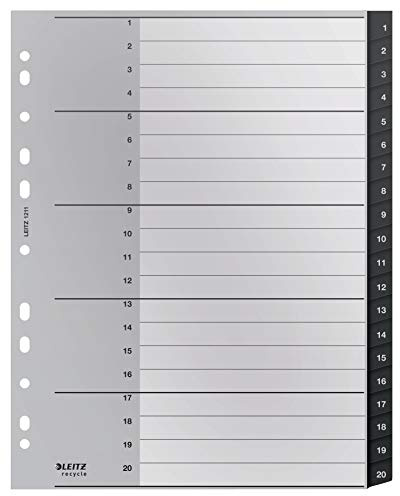 Leitz Index Folder Divider, 1-20 Numerical Tabs, A4, Extra Wide, 90% Recycled Plastic, Eco Friendly, Premium Quality, Recycle Range, 12110095, Black, 30.9 x 24.3 x 0.6 cm