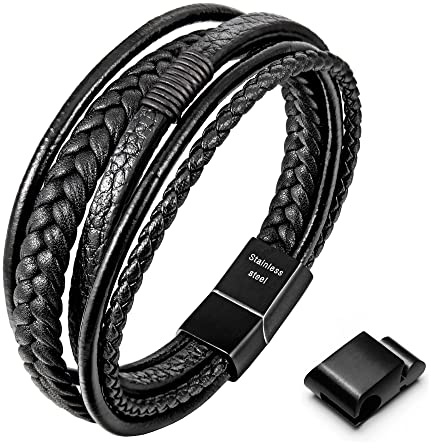 Speroto Mens Bracelet, Adjustable Premium Leather Bracelet for Men Black Brown with Stainless Steel, Multi-Layer Braided Genuine Leather Bracelet Gift for Men/Women (Black Style B, 20.00)