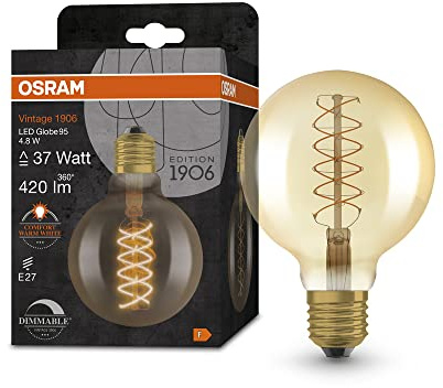 OSRAM Vintage 1906 guldtonad LED-lampa, 4,8W, 420lm, globform med 95 mm diameter & E27 bas, varmvitt ljus, spiralglödtråd, dimbar, livslängd på upp till 15 000 timmar