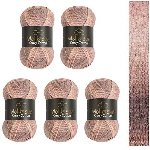 5 x 100g Wollbiene Crazy Cotton Batik 500 Gramm mit Farbverlauf 55% Baumwolle mehrfarbig Multicolor Strickwolle Häkelwolle Wolle Ganzjahreswolle (6000 braun beige)