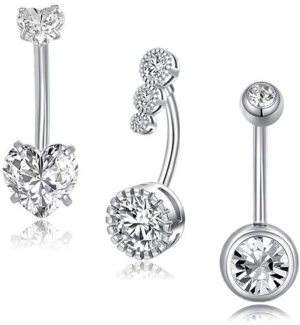 Besyvvin Piercing All'Ombelico Acciaio Chirurgico 316L 14G - Nucleo in Zirconia Cubica Lucidato - Lunghezza 14Mm Barra Curva Anello per Piercing All'Ombelico Argento